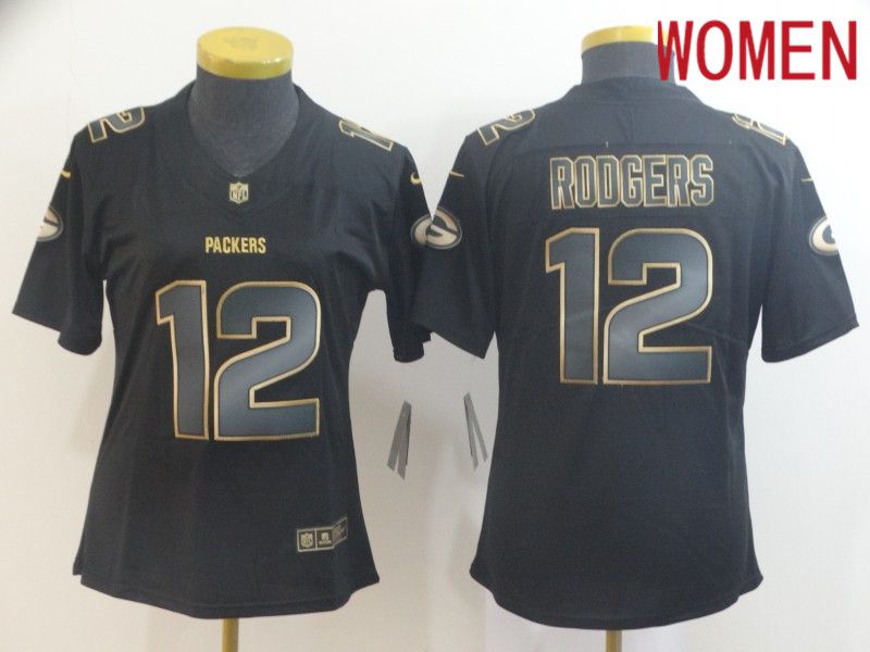 Women Green Bay Packers #12 Rodgers Nike Vapor Limited Black Golden NFL Jerseys